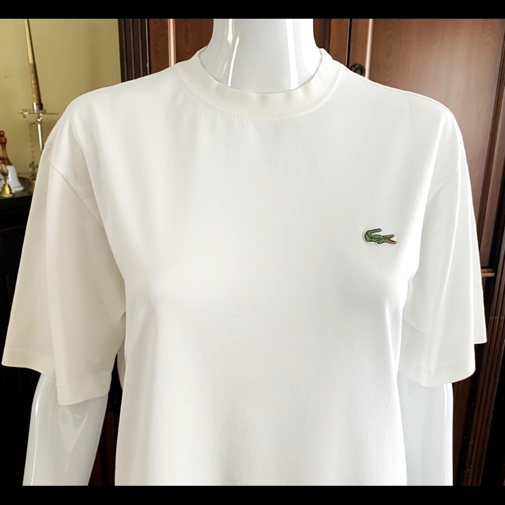 Lacoste Vintage White 100% Cotton Crew Neck Tshirt with Green Crocodile Logo